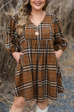 Brown Printed Plaid V Neck Plus Size Babydoll Dress