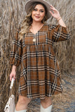 Brown Printed Plaid V Neck Plus Size Babydoll Dress