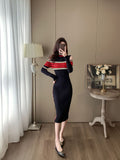 French off-the-shoulder split knit dress sexy temperament royal sister fan half high neck slim mid-length bag hip skirt female