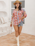 Plus Size Printed Tie Neck Balloon Sleeve Blouse