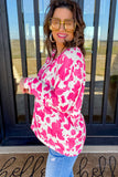 Rose Animal Print Long Sleeve V Neck Plus Size Top