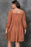 Chestnut Plus Size Suede Square Neck Balloon Sleeve Dress