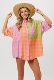 BiBi Plaid Collared Neck Half Sleeve Shirt