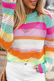 Green Colorblock Patchwork Knit Crochet Eyelet Sweater