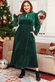 Blackish Green Velvet Frilled up Neck Ruffled High Waist Plus Size Midi Dress