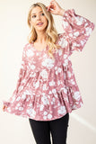 Celeste Full Size Tiered Floral V-Neck Long Sleeve Blouse