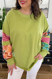 Rose Red Plus Size Printed Patchwork Sleeve Split Sweatshirt