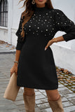 Gray Pearl Beaded High Neck Bodycon Sweater Dress