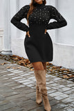 Gray Pearl Beaded High Neck Bodycon Sweater Dress