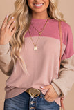 Green Color Block Long Sleeve Ribbed Loose Top