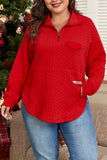 Tomato Red Cable Textured Quarter Zip Pocketed Plus Size Pullover