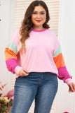 Dark Blue Colorblock Patchwork Long Sleeve Plus Size Top