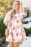 White Floral Print Lace up V Neck Balloon Sleeve Plus Size Shift Mini Dress