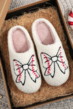 White Bow Knot Rugby Pattern Plush Warm Slippers