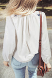 White Geometric Embroidered Long Sleeve Buttoned Blouse