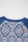 Blue Geometric Printed Lace Patchwork Ric Rac Raglan Long Sleeve Top