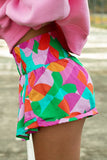 Purple Abstract Print Smock Waist Casual Shorts