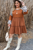 Gold Flame Plus Size Waffle Leopard Long Sleeve Ruffle Mini Dress