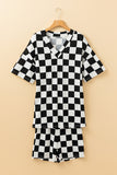 Black Checkerboard Print V Neck Loose Tee and Shorts Lounge Set