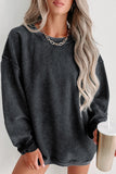 Gray Solid Ribbed Knit Round Neck Pullover Sweatshirt