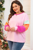 Dark Blue Colorblock Patchwork Long Sleeve Plus Size Top