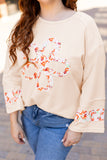 Beige Plus Size Flower Patched Side Slits Crewneck Top