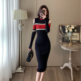 French off-the-shoulder split knit dress sexy temperament royal sister fan half high neck slim mid-length bag hip skirt female