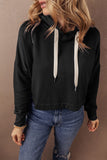 Dark Blue Solid Drop Shoulder Drawstring Cropped Hoodie