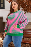 Pink Stripe Waffle Knit Crew Neck Plus Size Sweatshirt