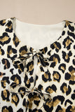 Apricot Leopard Bubble Sleeve Bow Tie Front Peplum Blouse