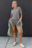 Gray Solid Color Waffle Knit T Shirt and Shorts Set