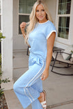 Beau Blue Textured Colorblock Edge Tank Top High Waist Pants Set