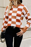 Orange Checkered Ribbed Edge O Neck Drop Shoulder Sweater