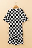 Black Checkerboard Print V Neck Loose Tee and Shorts Lounge Set