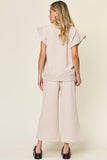 Double Take Texture Ruffle Short Sleeve Top and Drawstring Wide Leg Pants Set