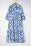 Sky Blue Geometric Print Lace-up Notch Neck Plus Size Maxi Dress