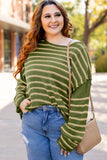 Green Stripe Drop Shoulder Casual Sweater