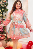 Pink Patchwork Print Bubble Sleeves Belted Plus Size Dress