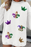 White Sequin Mardi Gras Symbol Crown Mask Patched Corded Sweatshirt