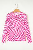 Black Checkered Pattern Mesh Mock Neck Long Sleeve Top