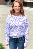 Purple Leopard Print Boat Neck Drop Shoulder Waffle Knit Plus Size Top