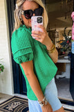 Bright Green Textured Puff Short Sleeve Notched V Neck Top