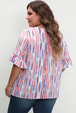 White Stripe Ruffled Short Sleeve Plus Size Blouse