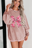 Pink Valentines Heart Checkered Bow Pattern Corded Baggy Sweatshirt