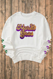 Beige Sequin Mardi Gras Patched Pattern Fleur de Lis Sleeve Sweatshirt