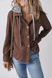 Pale Khaki Hooded Drawstring Pockets Corduroy Shacket