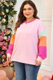 Dark Blue Colorblock Patchwork Long Sleeve Plus Size Top