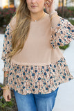 Beige Faux Two Piece Knit Patchwork Floral Print Plus Size Top