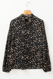 White Leopard Print Lantern Sleeve Mock Neck Pleated Blouse