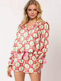 Tied Printed Collared Neck Long Sleeve Top and Shorts Set